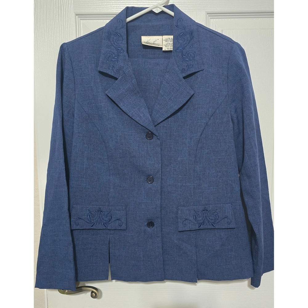 Vintage Kathie Lee Collection Blue Linen-Look Embroidered 2-Pc Pant Suit Sz 10